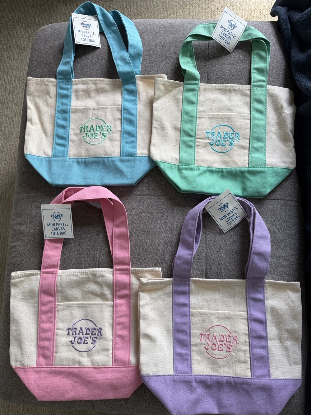 Trader Joe's Mini Pastel Canvas Tote Bag - Set of 4 (Blue, Green, Pink, Purple)
